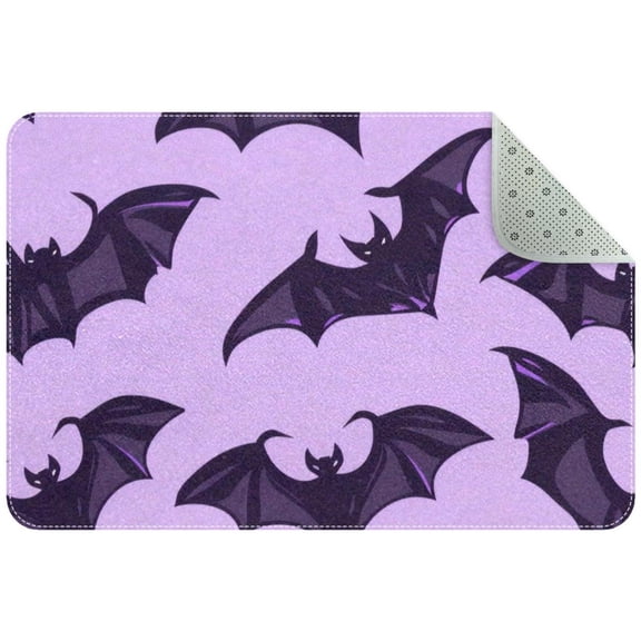Halloween Black Bat Silhouette Violet Background Small Area Rug, Non-Slip Door Mat Indoor Floor Mat, Washable Kitchen Rug Entrance DMat for Bedroom Living Room