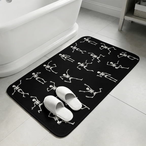 Halloween Black Bathroom Rugs Non Slip Washable Bath Mat Absorbent Low Pile Front Door Mat Abstract Dancing Skull Skeletons Indoor Doormat for Kitchen Entryway Shower Decor Accessories 15.7"x23.6"