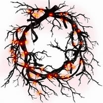 Halloween Black Branch Wreath With Light,16.92 In Artificial Hanging Halloween Wreath,Halloween Dead Branch Garland Decoration,Halloween Horror Wreath for Indoor Outdoor Party Window Wall Decor(1pc)