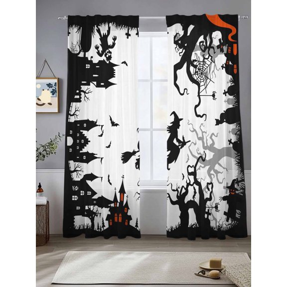 Halloween Black Castle Witch Horror Chiffon Sheer Curtains 84 Inches Long Spiders-Web Bat Rod Pocket Window Curtains Voile Drapes Curtains for Living Room Bedroom,2 Panels