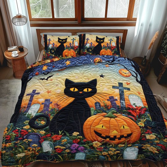 Halloween Black Cat 3-Piece Quilted Bedding Set