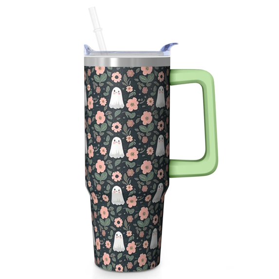 Halloween Black Cat 30 Oz Tumbler with Handle and Straw, Spooky Cute Stainless Steel Cup, Holiday Gift Mug
