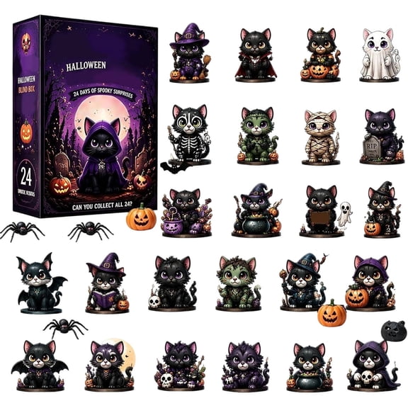 Halloween Black Cat Advent Calendar Countdown Calendar Acrylic Mini Figurine Decoration Holiday Tabletop Decor Spooky Home Display Party Collection Countdown Ornament Halloween Decor