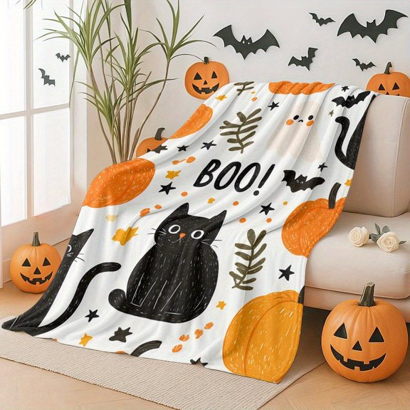 Halloween Black Cat Bat Pumpkin Print Flannel Throw Blanket, 30 x 40, 40 x 50, 50 x 60, 60 x 80 Inches, Soft Cozy Blanket for Sofa Bed