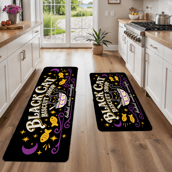 Halloween Black Cat Biscuit Shop Kitchen Rugs, Non Slip Fabric, Black Multi, 16in x 24in + 18in x 48in, 2 Piece Set