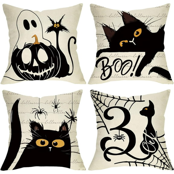 Halloween Black Cat Decorative Throw Pillow Covers 18 x 18 Set of 4, Ghost Boo Jack O Lantern Spider Web Porch Outdoor Home Decor, October 31 Funny Holiday Farmhouse Couch Cushion Case