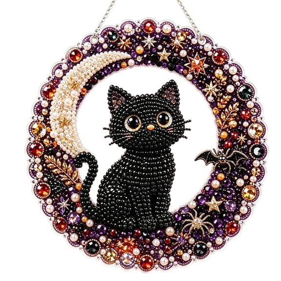Halloween Black Cat Diamond Art Hanging Ornament Kit, Diamond Art Hanging Wreath, DIY Pearl Bead Painting Kits for Adult, Halloween Decorations for Home Wall Decor