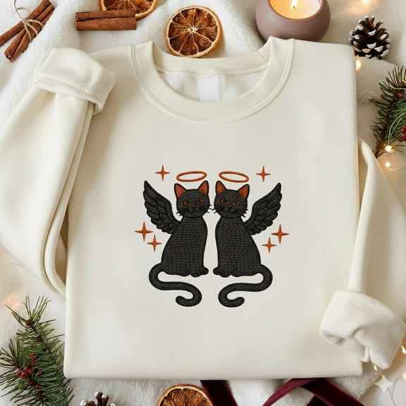 Halloween Black Cat Embroidered Sweatshirt, Spooky Bat Crewneck, Gothic Dark Humor Shirt, Cat Lover Gift