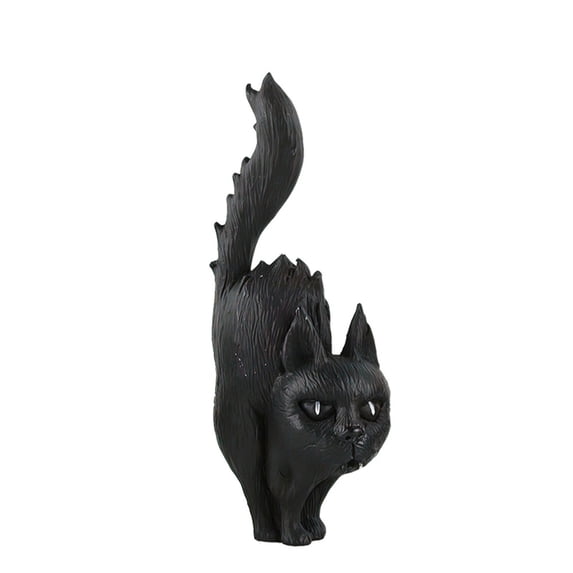Halloween Black Cat Figurine - Resin Spooky Cat Statue with Fangs and Puffy Tail for Home Shelf Mantel Office Fall Holiday Decor Gift