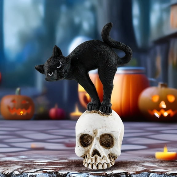Halloween Black Cat Figurine Small Size Alert Cat with Witch Hat Resin Cat Figurine Back Exposed Bones Creepy Animal Sculpture for Home Table Decor, Art Ornament for Cats Lovers