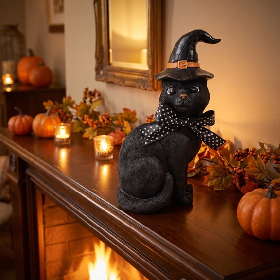 Halloween Black Cat Figurine with Witch Hat and Dot Bow, Resin Black Cat Statue, Farmhouse Tabletop Holiday Decor