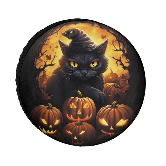 Halloween Black Cat Full Moon Scary Pumpkin Camper Spare Tire Cover Halloween Holiday Decorations Wheel Tire Covers Waterproof Sun Protection for Camper Travel Trailer SUV Truck 12inch
