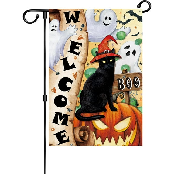 Halloween Black Cat Garden Flag, Spooky Ghost Boo Pumpkin Halloween Outdoor Decor,Fall Happy Halloween Sign Banner for Yard 12 x 18 Inch Double Sided