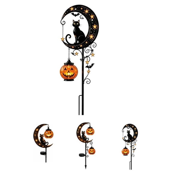 Halloween Black Cat Garden Stake Light, Solar Metal Hollow Black Cat on Crescent Moon Stake Light with Hanging Pumpkin Lantern, Spooky Creative Landscape Lamp for Yard Lawn Garden (Style B)