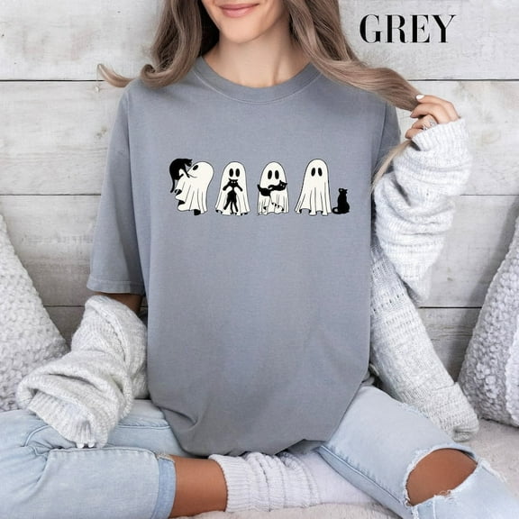 Halloween Black Cat & Ghost Shirt, Halloween Ghost Tshirt, Spooky Season Cat Tee, Halloween Cute Women Outfit, Halloween Gift