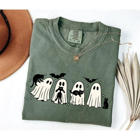 Halloween Black Cat & Ghost T-Shirt, Halloween Ghost Tshirt, Spooky Season Cat Tee, Halloween Cute Women Outfit, Halloween Gift TH100609