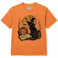 thumbnail image 1 of Halloween Black Cat Graphic T-Shirt, Witch Hat Pumpkin Moon Design Tee, Vintage Spooky Fall Short Sleeve Shirt, 1 of 3