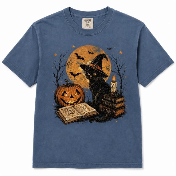 Halloween Black Cat Graphic T-Shirt, Witch Hat Pumpkin Moon Design Tee, Vintage Spooky Fall Short Sleeve Shirt