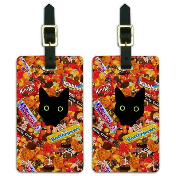 Halloween Black Cat Hiding in Candy Luggage ID Tags Suitcase Carry-On Cards - Set of 2