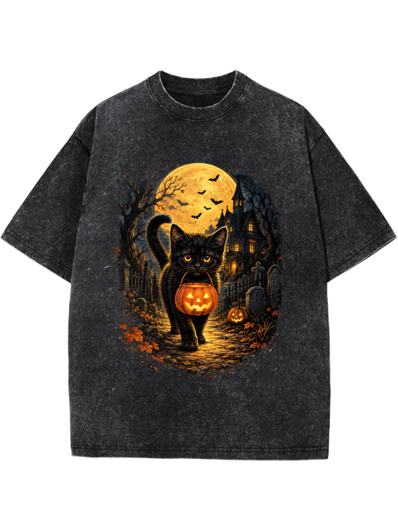 Halloween Black Cat Jack O Lantern Haunted House Graphic Vintage Oversized Washed Short Sleeve Crewneck Cotton Unisex T Shirt