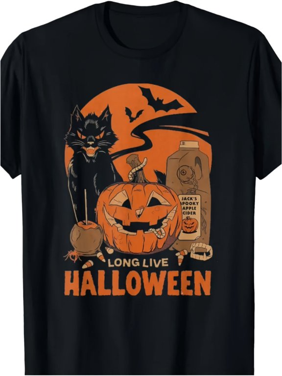 Halloween Black Cat Jack O Lantern Pumpkin And Cider Holiday Vintage Grunge Y2K Graphic Short Sleeves Crewneck Cotton Unisex Men's Women's Tee Shirt