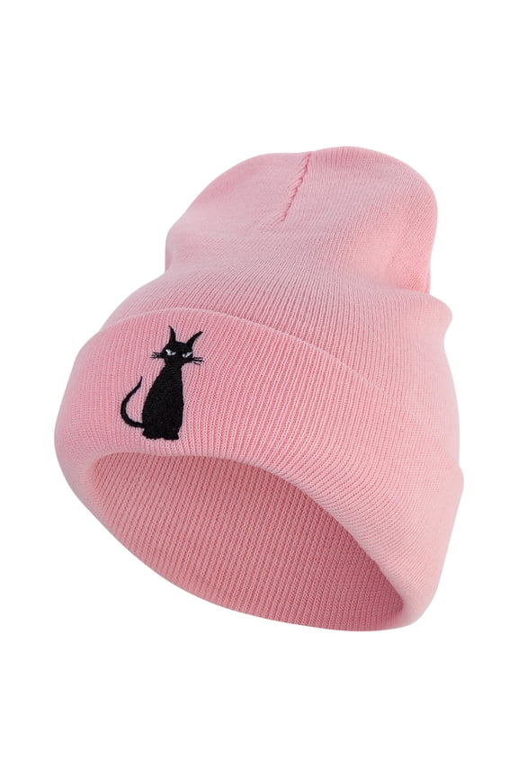 Halloween Black Cat Logo Embroidered 12 inch Acrylic Cuffed Long Beanie - Pink OSFM