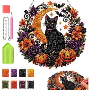 Halloween Black Cat Moon Diamond Art Ornament Kit, DIY 5D Suncatcher, Double-Sided Rhinestone Craft, Window Decor, Cat Lovers Gift
