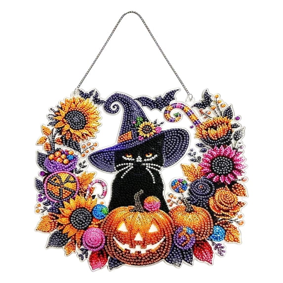 Halloween Black Cat Moon Diamond Art Suncatcher Kit,Double Sided Acrylic Diamond Painting Pendant with Faceted Rhinestones,DIY Window Hanging Halloween Decor
