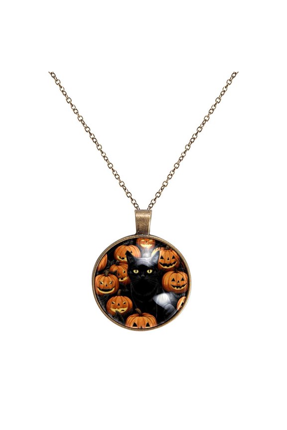 Halloween Black Cat Necklace Personalized Custom Photo Round Pendant Adjustable Stainless Steel Necklaces with Gift Box for Men Women Mothers Valentine's Jewelry Gift