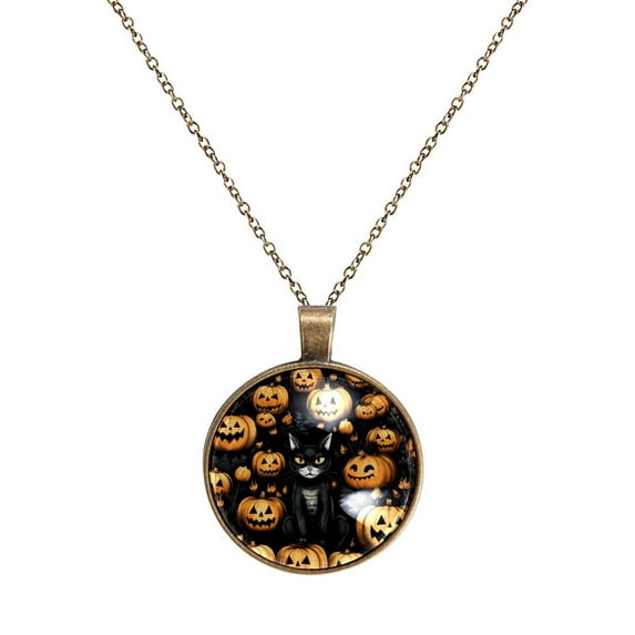 Halloween Black Cat Necklace Personalized Custom Photo Round Pendant Adjustable Stainless Steel Necklaces with Gift Box for Men Women Mothers Valentine's Jewelry Gift