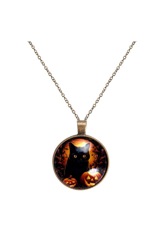 Halloween Black Cat Necklace Personalized Custom Photo Round Pendant Adjustable Stainless Steel Necklaces with Gift Box for Men Women Mothers Valentine's Jewelry Gift