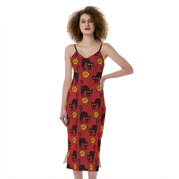 Halloween Black Cat Pattern Print Slim Fit Midi Cami Dress, Pet Cat Fashion Summer Maxi Sexy Casual Dress For Women
