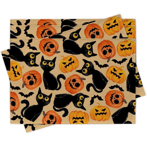 Halloween Black Cat Placemats Set of 4, Jack O Lantern Pumpkin Dining Place Mats Table Decor Pet Lover Gifts, Funny Bats Home Kitchen Decoration 12 x 18 Inches