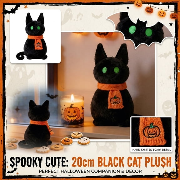 Halloween Black Cat Plush Toy, 7.87 Inch Cute Spooky Cat Doll, Stuffed Toys, Stuffed & Plush Animals Toys, Plush Dolls, Pillow, Gift for Boys and Girls and Adults