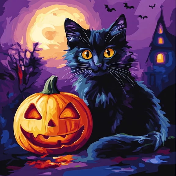 Halloween Black Cat and Pumpkin DIY 5D Diamond Art Painting by Number Kits for Adults Paint with Full Drill Round Diamond Gems Painting Art Craft for Home Wall Decoration 13.8x13.8in(1)