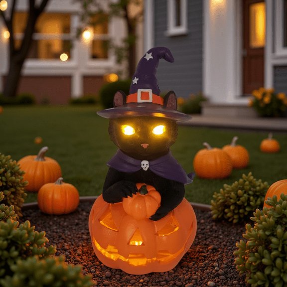 Halloween Black Cat Pumpkin Decor Outdoor Solar Jack-O-Lantern Lights Cats Statue for Garden Yard Lawn Patio Porch Balcony Halloween Party Decorations Home Gifts