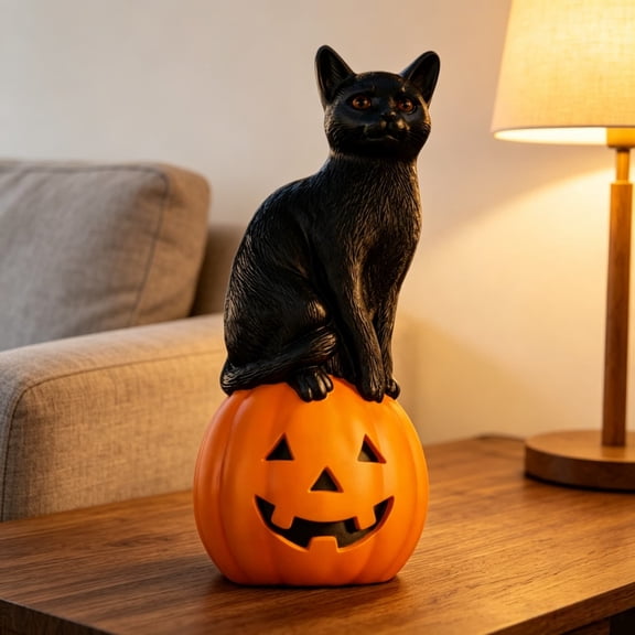 Halloween Black Cat Pumpkin Figurine Spooky Tabletop Decor Cat On Pumpkin Ornament 5 Inch