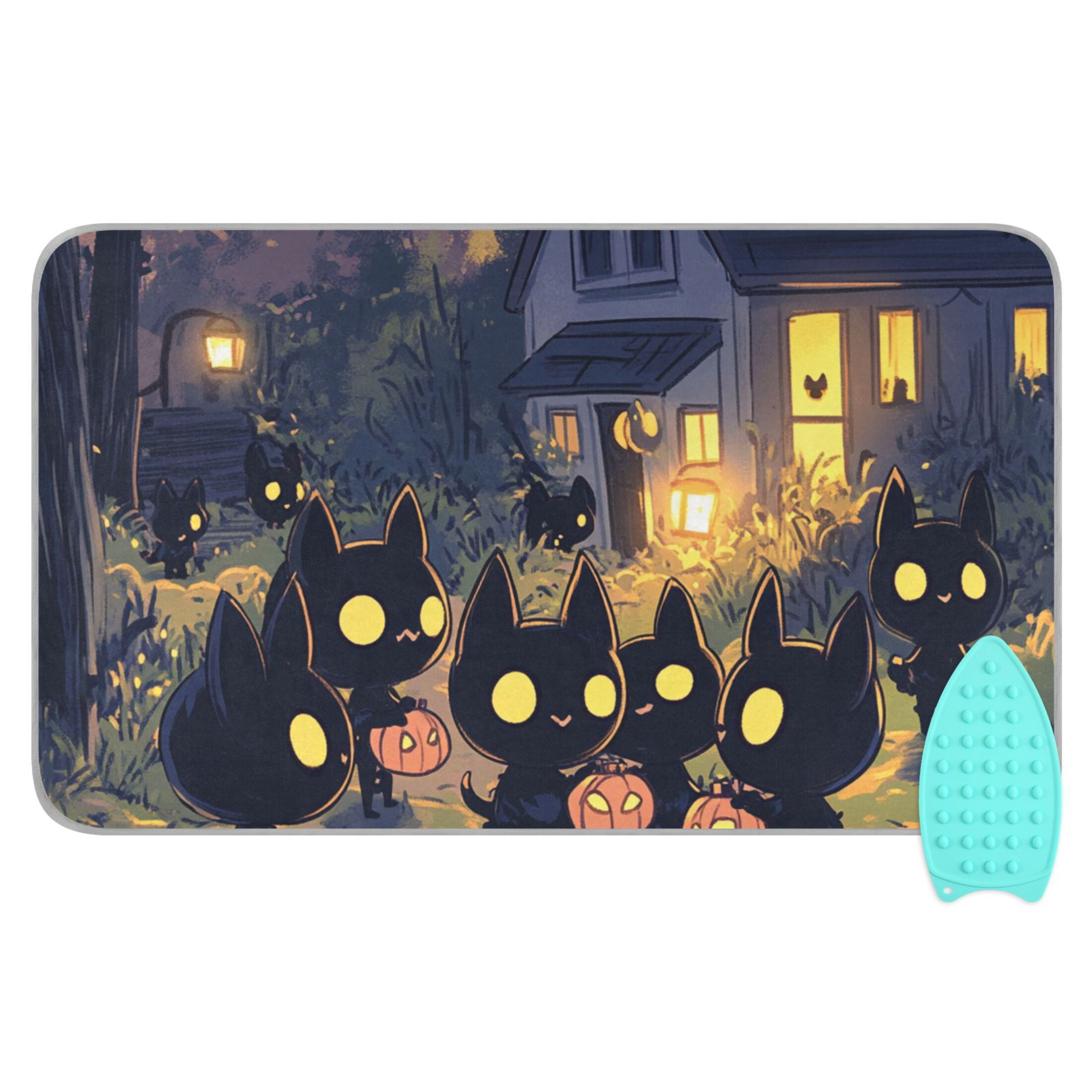 Halloween Black Cat Pumpkin Lights Ironing Mat Blanket for Table Top Travel Portable Ironing Board Pad 47.2x27.6 Inch