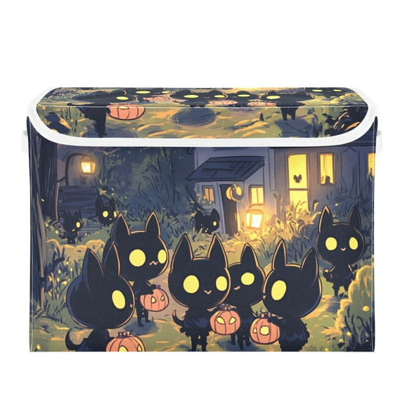 Halloween Black Cat Pumpkin Lights Large Storage Bins with Linen Collapsible Lid Storage Box 16.7 x 12.6 x 11.8in