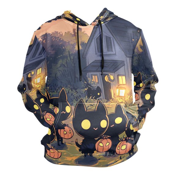 Halloween Black Cat Pumpkin Lights Men’s Hoodies Sweatshirt Fleece Jackets Long Sleeve Sweatshirts
