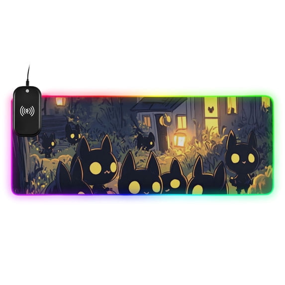 Halloween Black Cat Pumpkin Lights Wireless Charging RGB Gaming Mouse Pad Large Keyboard Mat Rubber Base 13 Light Modes