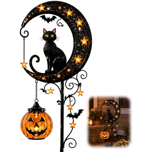Halloween Black Cat & Pumpkin Moon Garden Stake Light, Warm Glowing Solar Stake with Star Cutouts, Outdoor Halloween Light for Yard and Porch
