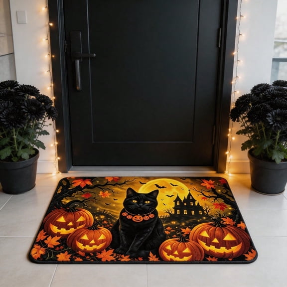 Halloween Black Cat Pumpkin Print Indoor Doormat, Soft Flannel Non-Slip Floor Rug, Machine Washable Decorative Mat for Entryway Home Halloween Party Decor