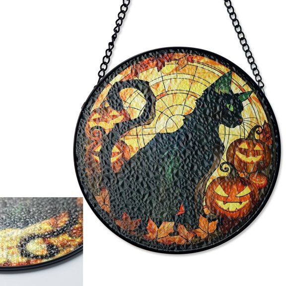 Halloween Black Cat Pumpkin Stained Glass Suncatcher, Holiday Window Decor