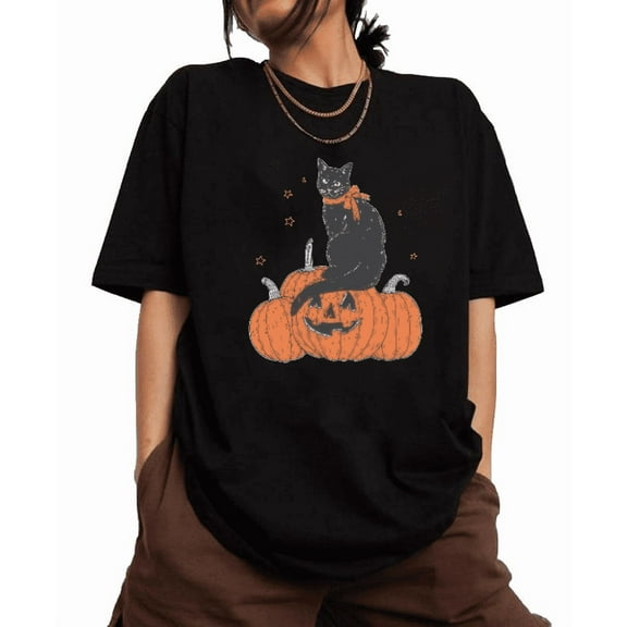 Women's Halloween pattern T-shirt ，Black tie cat and pumpkin design，Pattern printing，Casual short sleeve，Halloween costume，Classic,cotton，black，S-5XL