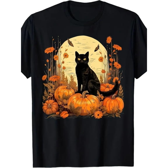 Halloween Black Cat & Pumpkins Graphic T-Shirt for Women, Fall Floral Tee, Regular Fit, Cute Vintage Top, Graphic Tees, Comfortable Tops,Classic,cotton,black,S-5XL
