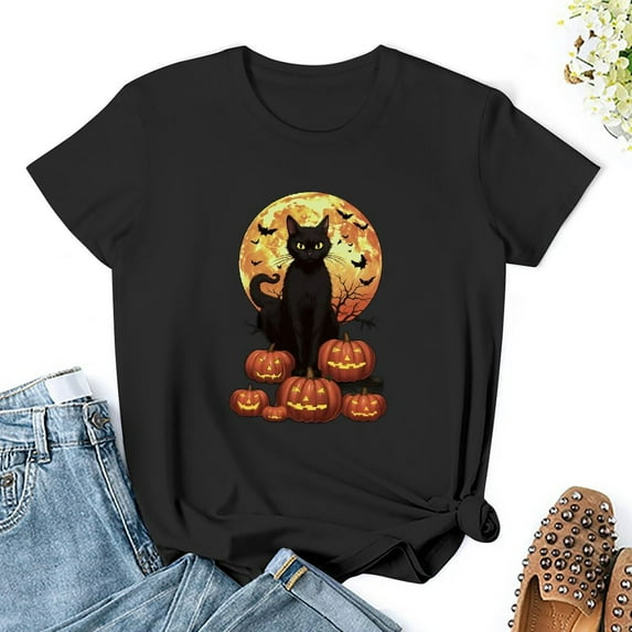 Halloween Black Cat Pumpkins T-Shirt Women -Image by Shutterstock, Female Small 1020