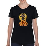 SMARTPRINTS Halloween Black Cat Pumpkins T-Shirt Women -Image by Shutterstock, Female Small