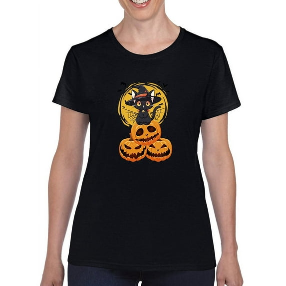 Halloween Black Cat Pumpkins T-Shirt Women Female Small