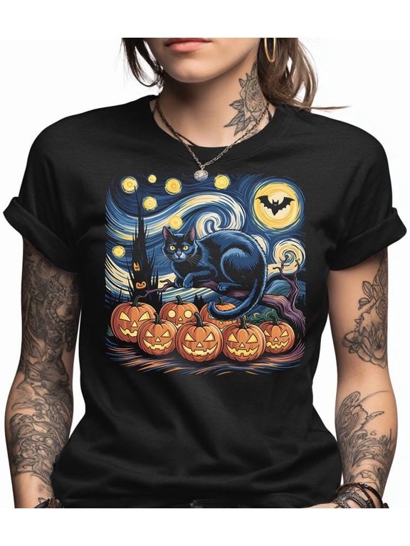 Halloween Black Cat Shirt, Spooky Jack O Lantern Tee, Artistic Witchy Cat Apparel, Full Moon Autumn Lover Gift